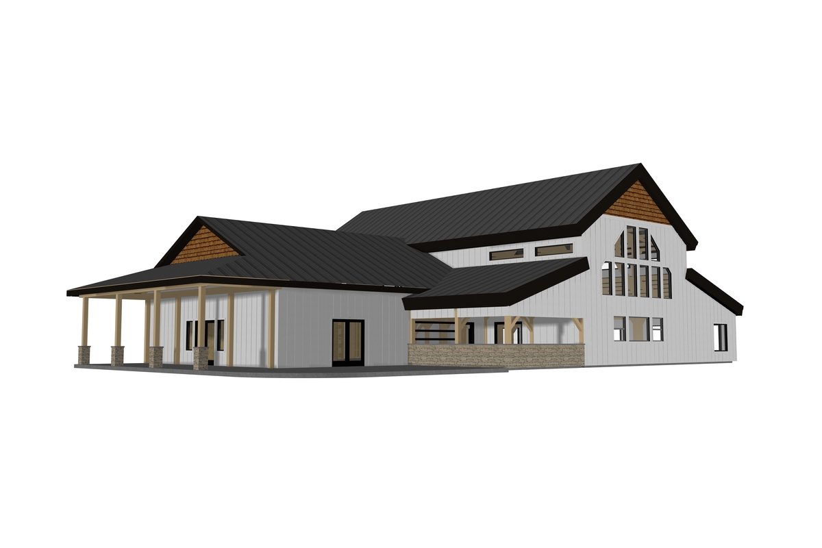 Architectural rendering of a modern white barndominium with black roof and large windows.