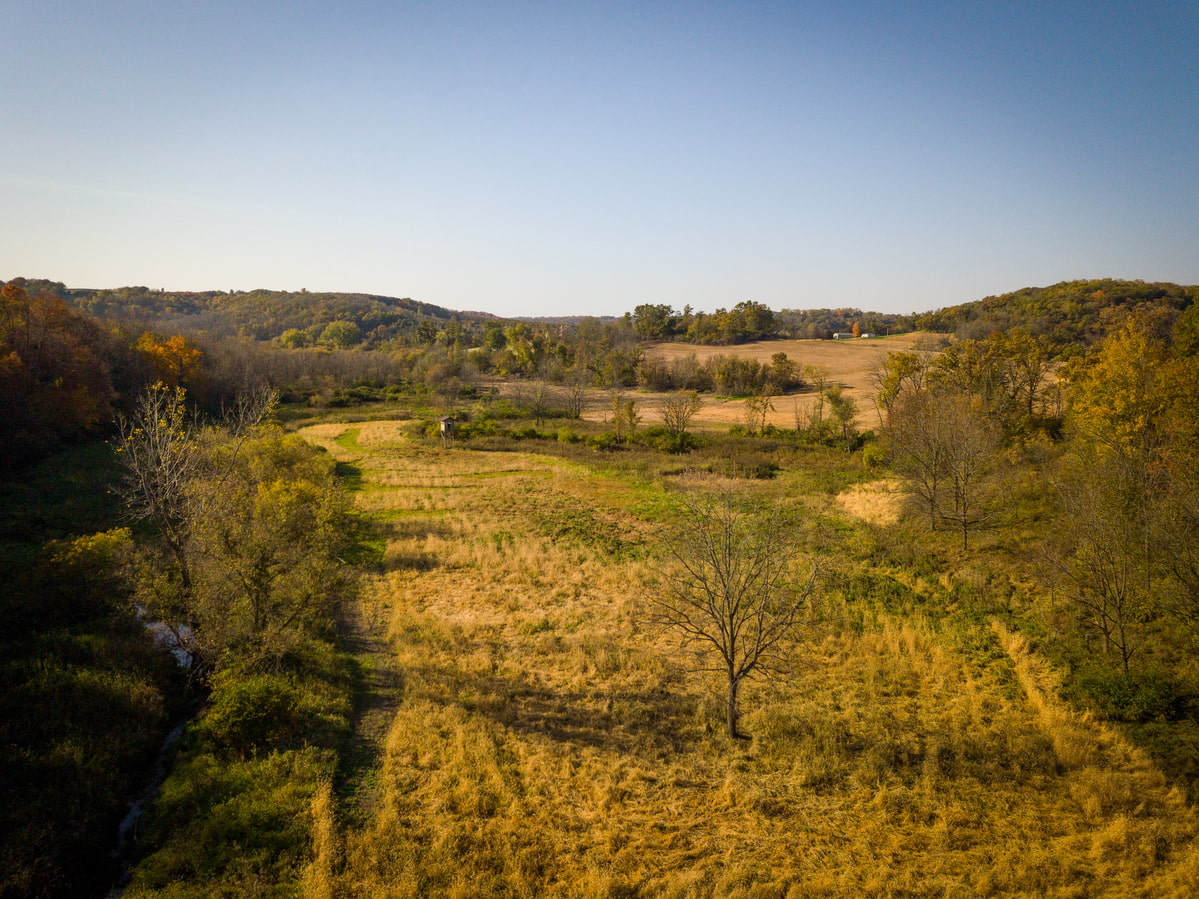 Aerial view of rolling rural fields and trees under a clear blue autumn sky.