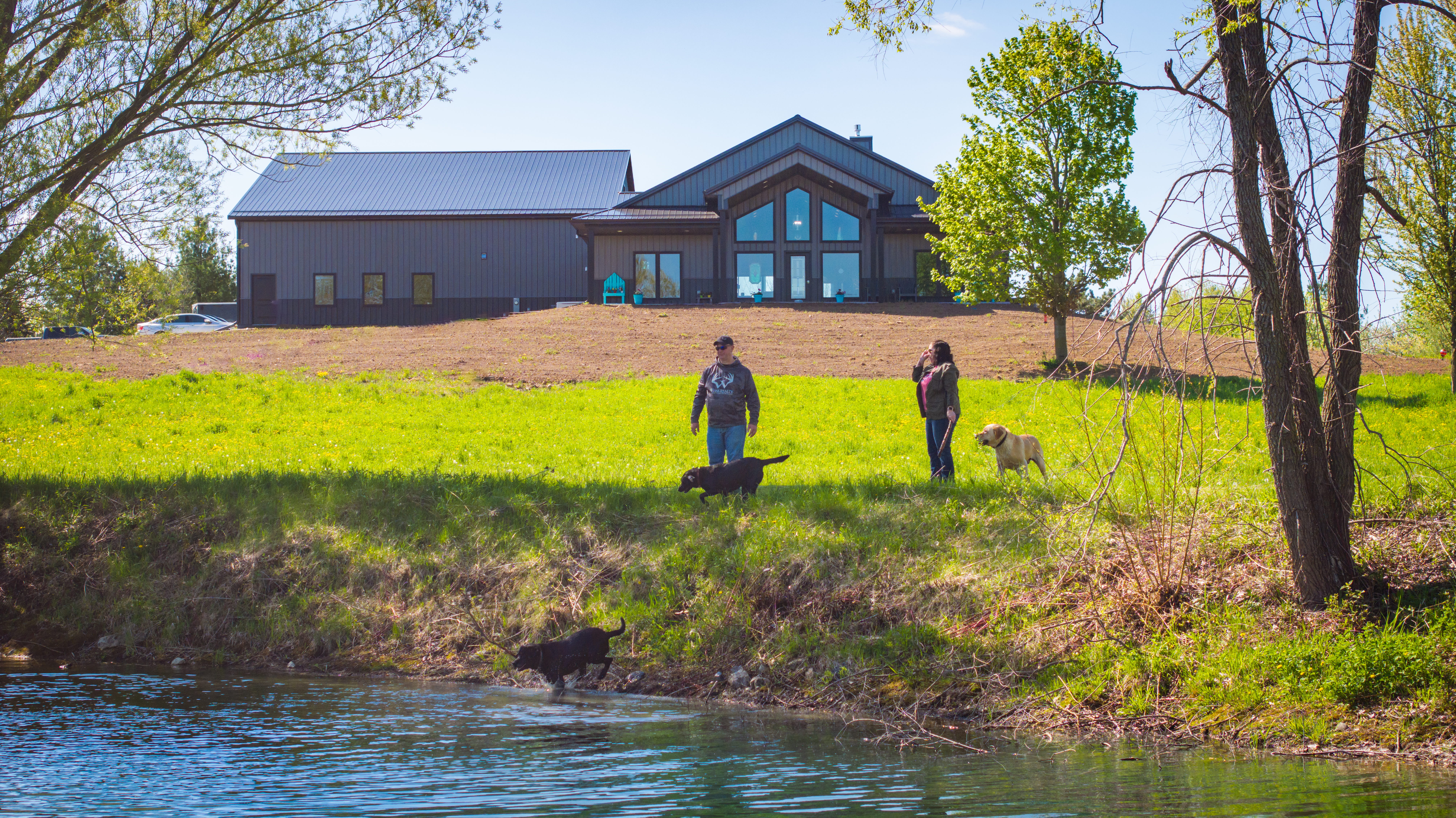 A couple with three dogs running near a pond.