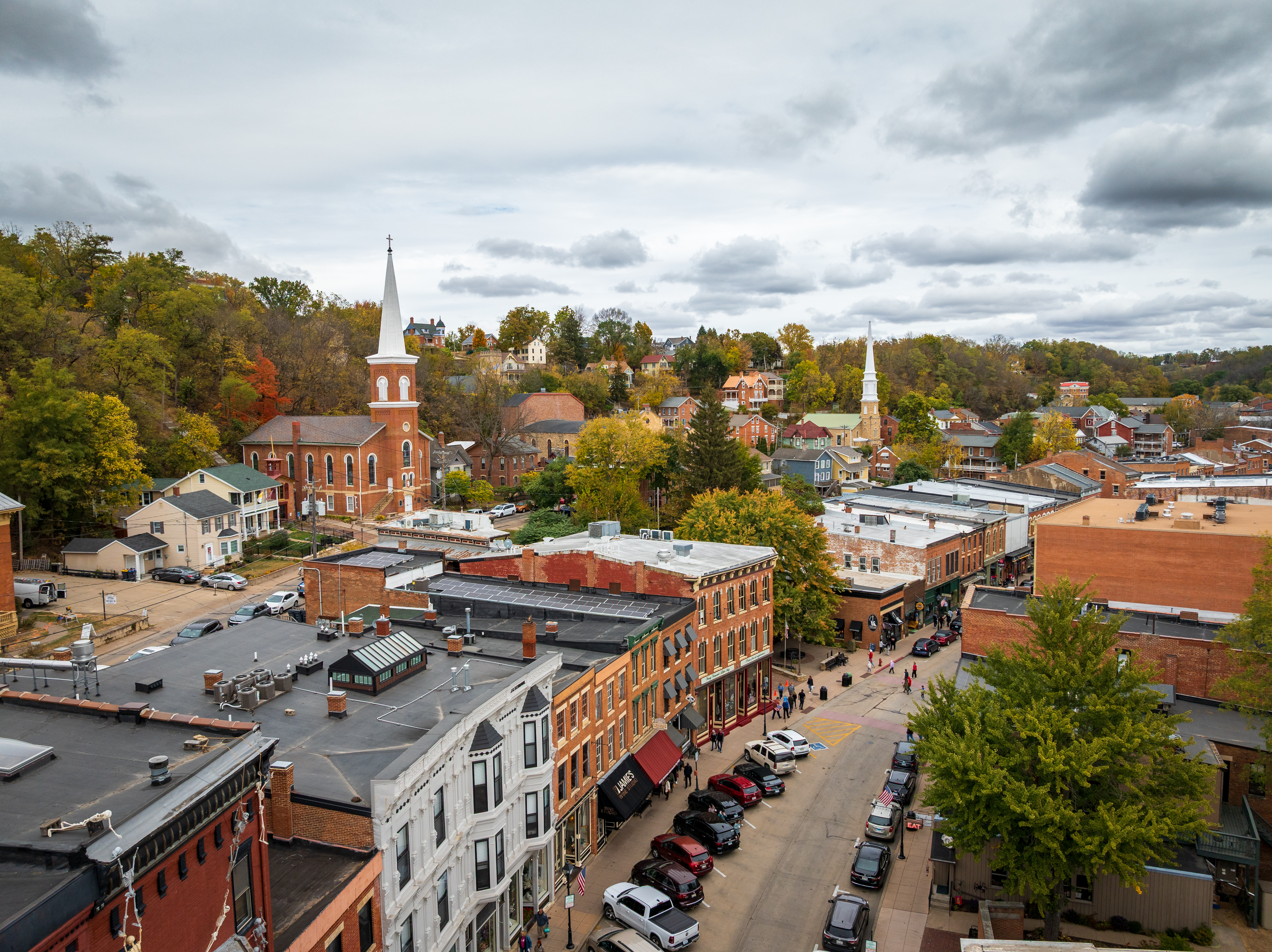 Aerial view of downtown Galena, Illinois with fall trees and historic buildings.