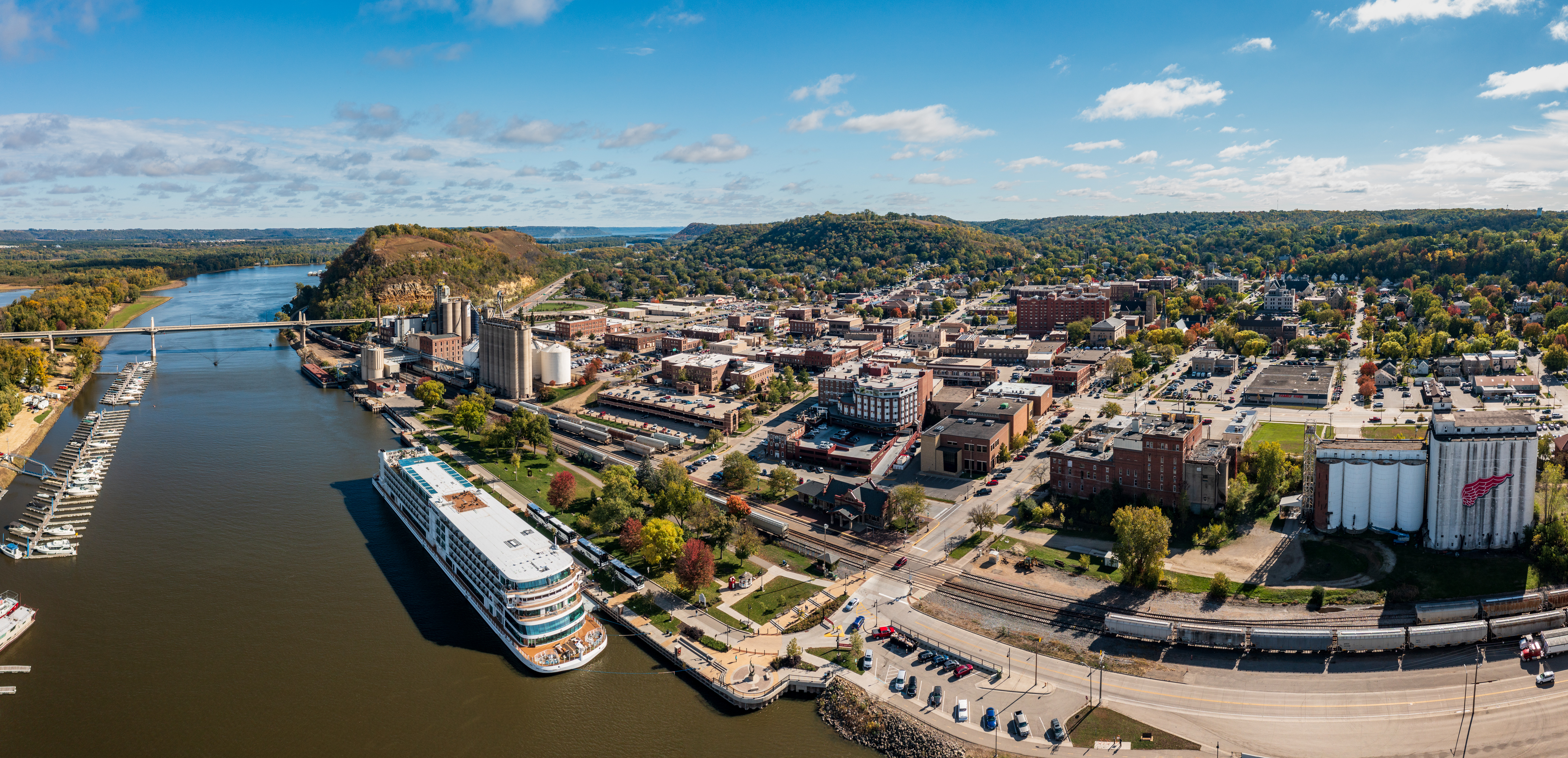 Aerial view of Red Wing, Minnesota with riverboats and downtown along the Mississippi.